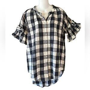 Love Blue and White Checked Gauze Top with Ruffled Cuff Womens Large